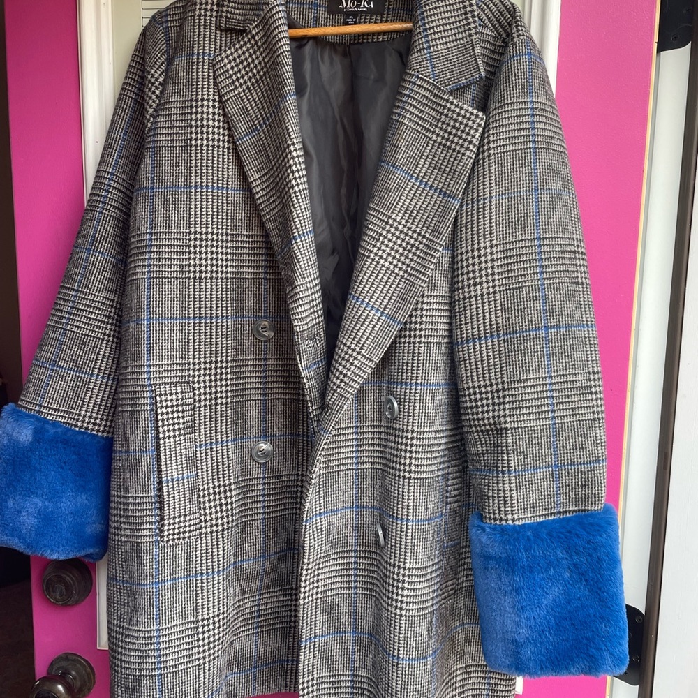 Tweed Plaid Overcoat with Blue Faux Fur Cuffs, Unique Wool Blend Coat